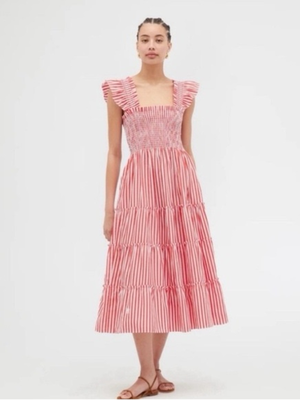 NWT Hill House S Red White Striped Ellie Nap Dress Tiered Ruffle Midi - Picture 3 of 8